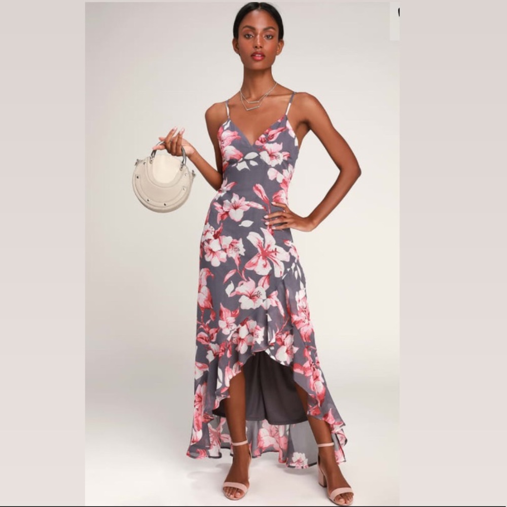 KIMI DUSTY PURPLE FLORAL PRINT RUFFLED MAXI DRESS